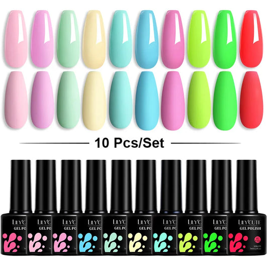 LILYCUTE 10PCS/Set Gel Nail Polish Set Pink Purple Nail Gel Semi Permanent UV LED Varnish Nail Art Design Soak Off Nail Gel Set