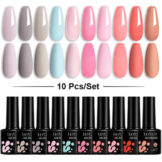 LILYCUTE 10PCS/Set Gel Nail Polish Set Pink Purple Nail Gel Semi Permanent UV LED Varnish Nail Art Design Soak Off Nail Gel Set