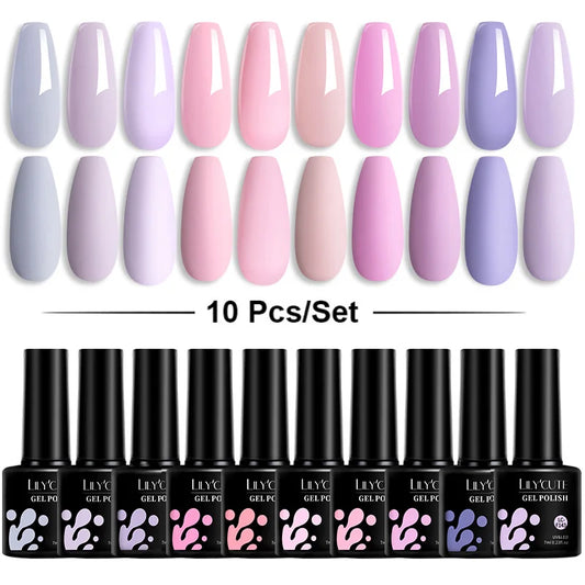 LILYCUTE 10PCS/Set Gel Nail Polish Set Pink Purple Nail Gel Semi Permanent UV LED Varnish Nail Art Design Soak Off Nail Gel Set